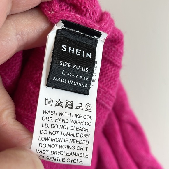 Shein Fuchsia Pink Cable Knit Sweater Crewneck Long Sleeve Size L 8/10 - Picture 7 of 11